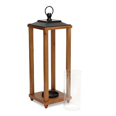 HomeRoots 24" Brown And Black Geometric Metal And Solid Wood Floor Lantern Candle Holder