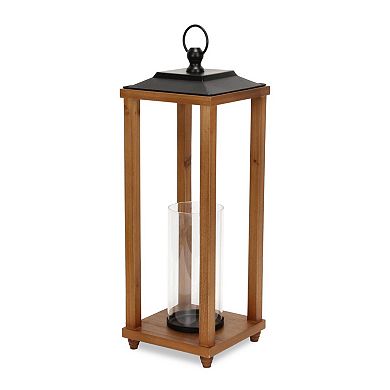 HomeRoots 24" Brown And Black Geometric Metal And Solid Wood Floor Lantern Candle Holder
