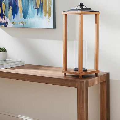 HomeRoots 24" Brown And Black Geometric Metal And Solid Wood Floor Lantern Candle Holder