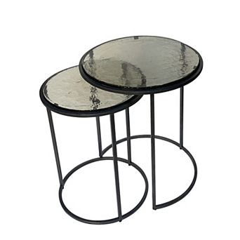 HomeRoots Set of Two Clear and Gunmetal Glass and Iron Round Frame Nested Tables