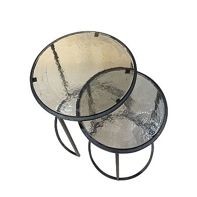 HomeRoots Set of Two Clear and Gunmetal Glass and Iron Round Frame Nested Tables