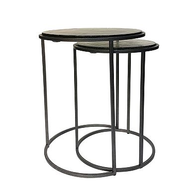 HomeRoots Set of Two Clear and Gunmetal Glass and Iron Round Frame Nested Tables