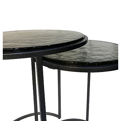 HomeRoots Set of Two Clear and Gunmetal Glass and Iron Round Frame Nested Tables