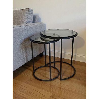 HomeRoots Set of Two Clear and Gunmetal Glass and Iron Round Frame Nested Tables