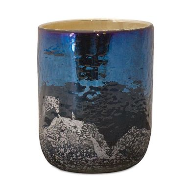 HomeRoots 5" Navy Blue And Silver Abstract Glass Tabletop Pillar Candle Holder
