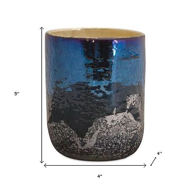 HomeRoots 5" Navy Blue And Silver Abstract Glass Tabletop Pillar Candle Holder