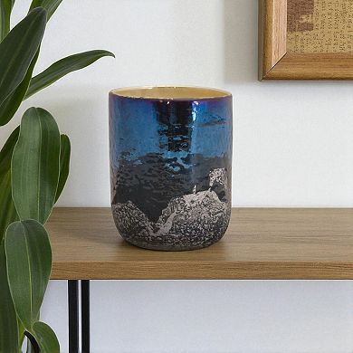 HomeRoots 5" Navy Blue And Silver Abstract Glass Tabletop Pillar Candle Holder