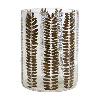 HomeRoots 8" Clear And Green Botanical Leaf Glass Tabletop Pillar Candle Holder