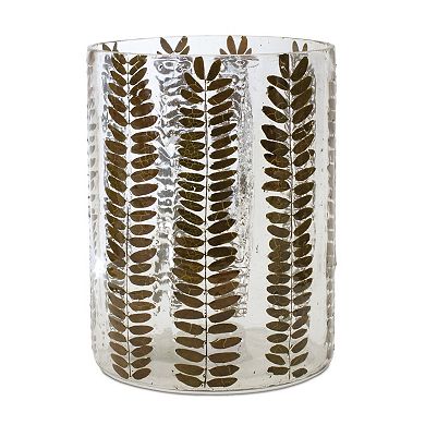 HomeRoots 8" Clear And Green Botanical Leaf Glass Tabletop Pillar Candle Holder