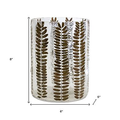 HomeRoots 8" Clear And Green Botanical Leaf Glass Tabletop Pillar Candle Holder