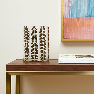 HomeRoots 8" Clear And Green Botanical Leaf Glass Tabletop Pillar Candle Holder