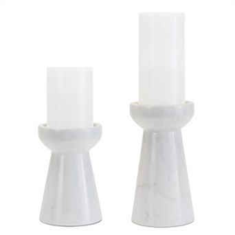 HomeRoots Set of Two White And Gray Marble Tabletop Pillar Candle Holders