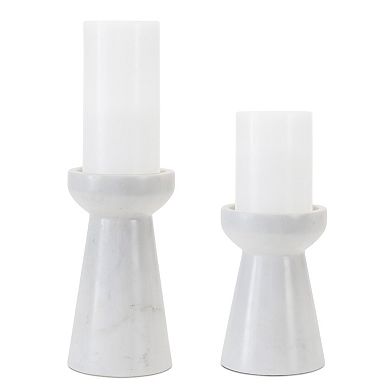 HomeRoots Set of Two White And Gray Marble Tabletop Pillar Candle Holders