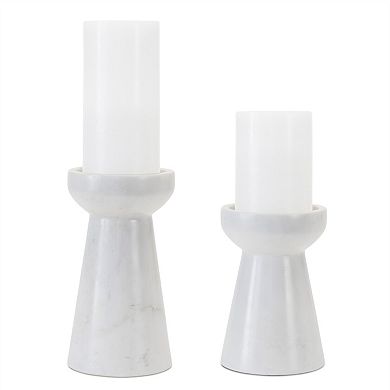 HomeRoots Set of Two White And Gray Marble Tabletop Pillar Candle Holders