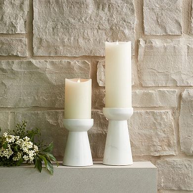 HomeRoots Set of Two White And Gray Marble Tabletop Pillar Candle Holders