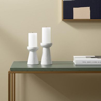 HomeRoots Set of Two White And Gray Marble Tabletop Pillar Candle Holders