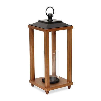 HomeRoots 21" Brown And Black Geometric Metal And Solid Wood Tabletop Lantern Candle Holder