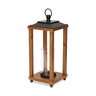 HomeRoots 21" Brown And Black Geometric Metal And Solid Wood Tabletop Lantern Candle Holder