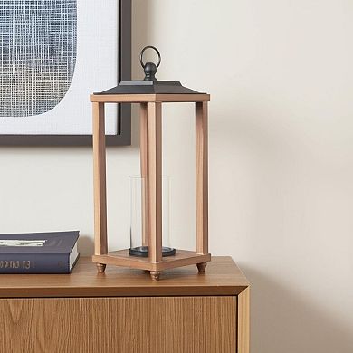 HomeRoots 21" Brown And Black Geometric Metal And Solid Wood Tabletop Lantern Candle Holder