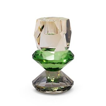 HomeRoots 5" Amber Green And Smoky Black Faceted Crystal Tabletop Taper Candlestick
