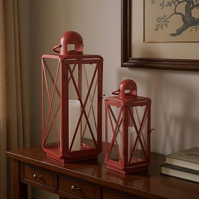 HomeRoots Set of Two Red Geometric Metal Centerpiece Lantern Candle Holders
