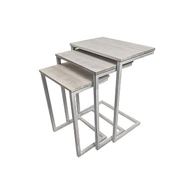 HomeRoots Set of Three Antiqued White Solid Wood and Steel Frame Nested Tables