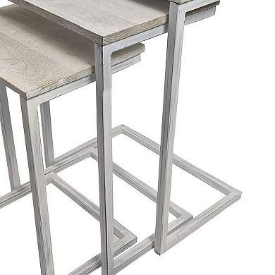 HomeRoots Set of Three Antiqued White Solid Wood and Steel Frame Nested Tables
