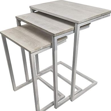 HomeRoots Set of Three Antiqued White Solid Wood and Steel Frame Nested Tables