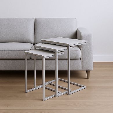 HomeRoots Set of Three Antiqued White Solid Wood and Steel Frame Nested Tables