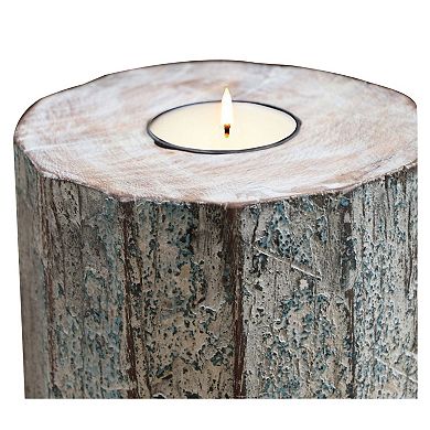 HomeRoots 5" Brown And White Solid Wood Tabletop Tealight Candle Holder