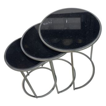 HomeRoots Set of Three Black and Gray Marble and Iron Round Frame Nested Tables