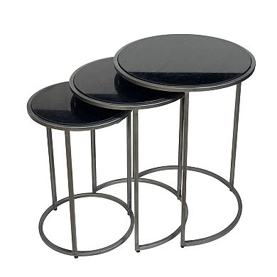 HomeRoots Set of Three Black and Gray Marble and Iron Round Frame Nested Tables