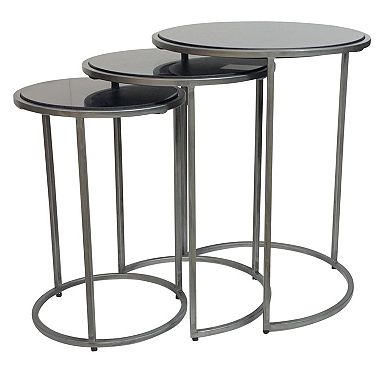 HomeRoots Set of Three Black and Gray Marble and Iron Round Frame Nested Tables