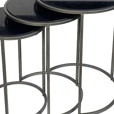 HomeRoots Set of Three Black and Gray Marble and Iron Round Frame Nested Tables