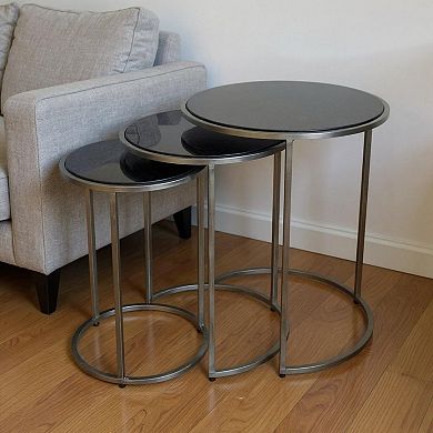 HomeRoots Set of Three Black and Gray Marble and Iron Round Frame Nested Tables