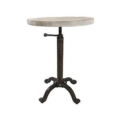 HomeRoots 22" Natural and Black Solid Wood and Metal Height Adjustable Round Pedestal End Table