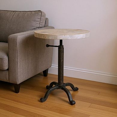 HomeRoots 22" Natural and Black Solid Wood and Metal Height Adjustable Round Pedestal End Table