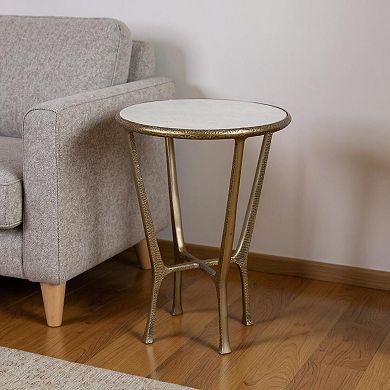 HomeRoots 23" White and Gold Distressed Marble and Aluminum Round End Table