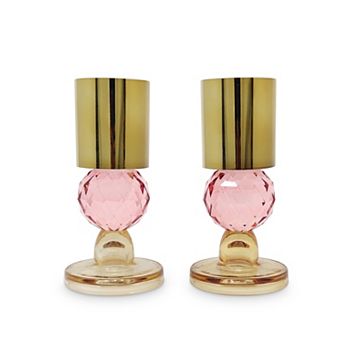 HomeRoots Set of Two Amber Gold And Pink Faceted Crystal Tabletop Taper Candlesticks