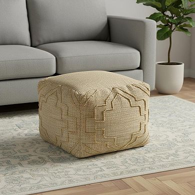 HomeRoots 18" Natural Jute Blend Cube Quatrefoil Pouf Ottoman