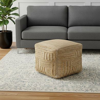 HomeRoots 18" Natural Jute Blend Cube Striped Pouf Ottoman
