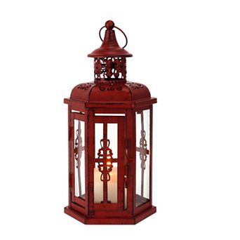 HomeRoots 10" Red Distressed Filigree Metal Tabletop Lantern Candle Holder