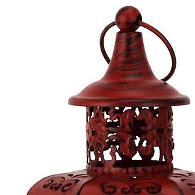 HomeRoots 10" Red Distressed Filigree Metal Tabletop Lantern Candle Holder