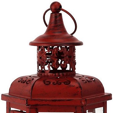 HomeRoots 10" Red Distressed Filigree Metal Tabletop Lantern Candle Holder