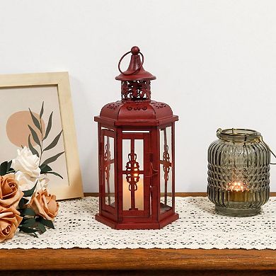 HomeRoots 10" Red Distressed Filigree Metal Tabletop Lantern Candle Holder