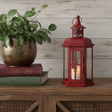HomeRoots 10" Red Distressed Filigree Metal Tabletop Lantern Candle Holder