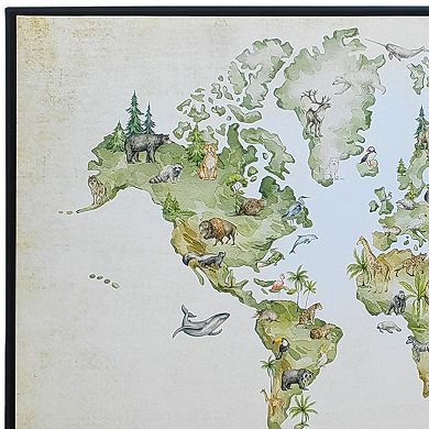HomeRoots Animal World Map Black Floater Frame Print Wall Art