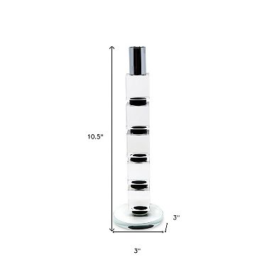 HomeRoots 11" Silver Clear And Black Geo Crystal Tabletop Taper Candlestick