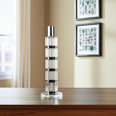 HomeRoots 11" Silver Clear And Black Geo Crystal Tabletop Taper Candlestick