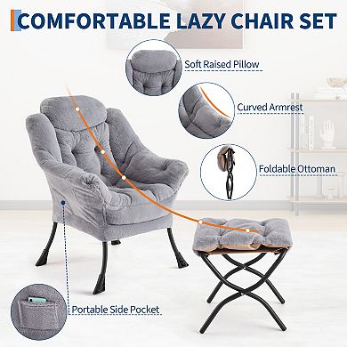 Lazy Chair with Ottoman & Side Pocket - Modern Lounge Accent Armchair, Comfy Reading Seat
